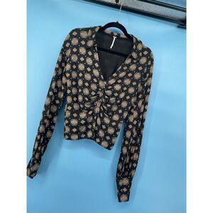 Free People Sydney Top Women's‎ Sz Small Jersey Knit Black Geometric Boho Deep V